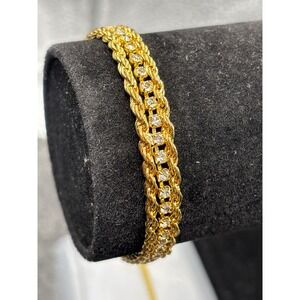 VTG Gold Tone Small Rope Link Chain Statement Bracelet Sparkling Crystal Clasp